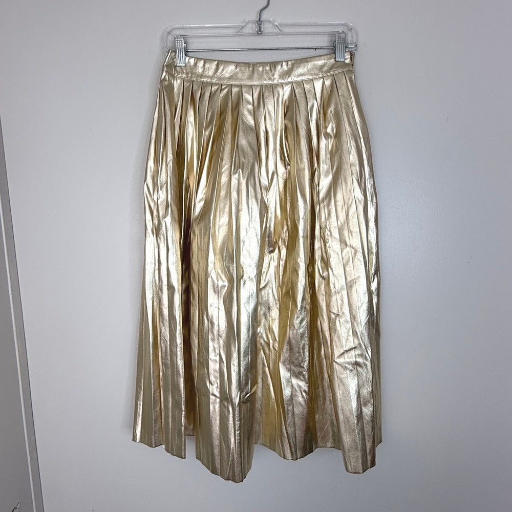 Pants Store Skirt Womens M Gold Pleated Metallic Faux Leather Midi Disco Glam